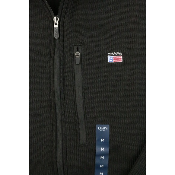 Chaps Mens Black Textured Knit Softshell Full Zip Jacket Size M Embroidered Flag - Picture 3 of 16